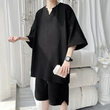 Riolio Summer Set Men Fashion Black White Casual Set Men Streetwear Pleated Sets Mens Short Sleeved T-shirt Shorts Set Man Sets