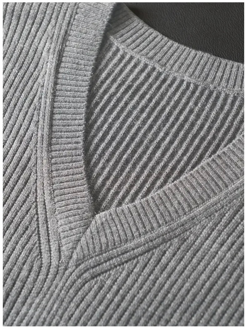 Riolio New Popular Preppy Style Men Sweater Vest Casual Knitted Streetwear Solid Color V Neck Waistcoat Leisure High Quality Knitwear