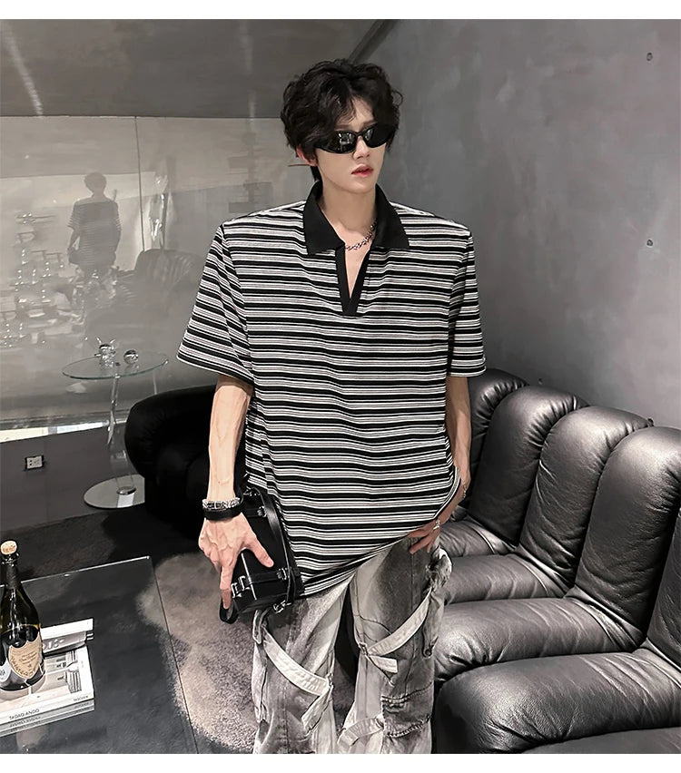 Riolio Men Loose Fit Striped Polo Shirt Casual Fashion Collar T-Shirt man Breathable Streetwear Summer Top Tee Trendy Mens Clothing