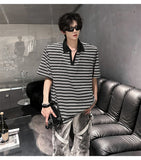 Riolio Men Loose Fit Striped Polo Shirt Casual Fashion Collar T-Shirt man Breathable Streetwear Summer Top Tee Trendy Mens Clothing
