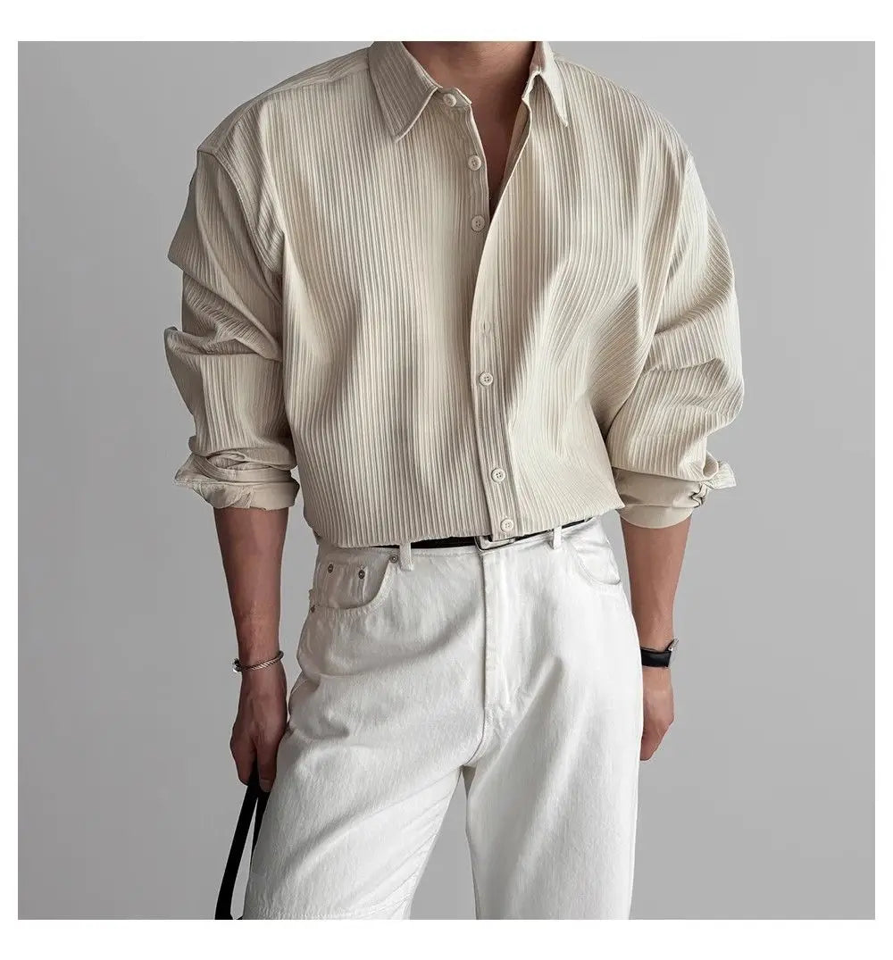 Riolio Lapel Pit Stripe Texture Long Sleeve Shirt Men's Casual Business Shirt High-end Drapery Light Versatile Top Male Blouse