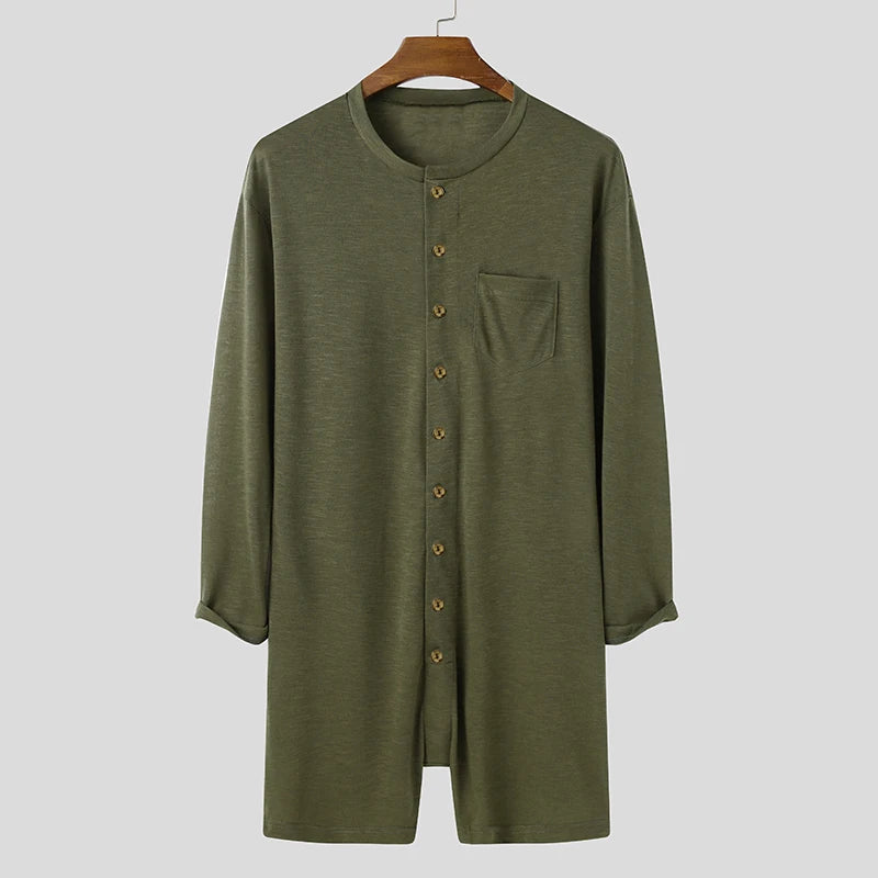 Riolio Sexy Pajamas Jumpsuit Men Solid Color Tight O Neck Long Sleeve T Shirt and Shorts New One-piece Buttons Home Clothes