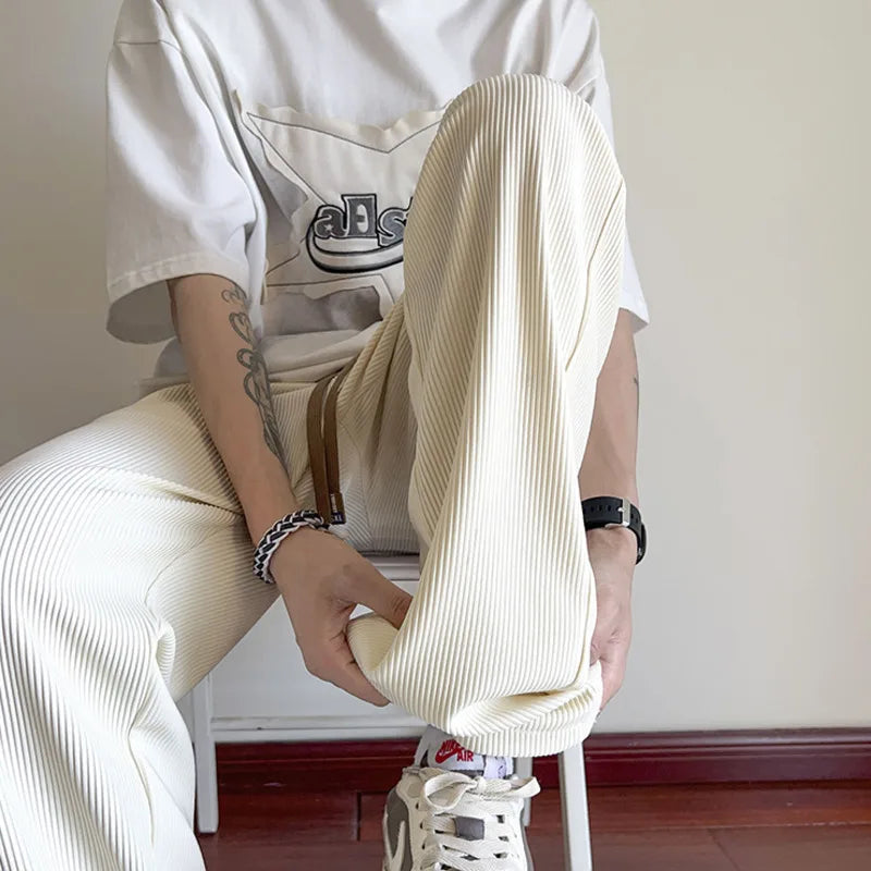 Riolio Summer Casual Pants Men Fashion Straight Ice Silk Pants Men Streetwear Hip-hop Loose Pleated Pants Mens Beige Trousers M-3XL
