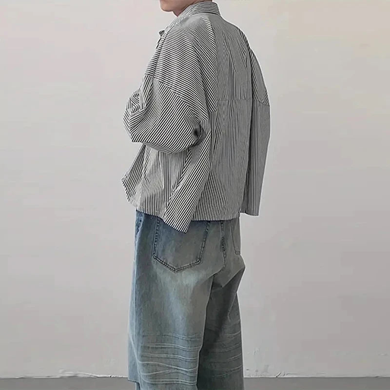 Riolio  New Japanese Trendy Men Shirts Light Luxury Textured Lapel Striped Long Sleeve Cardigan Tops Leisure Premium Loose Blouse M-2XL