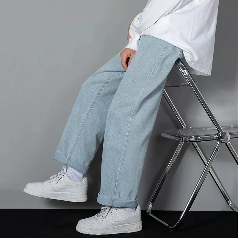 Riolio Men Simple Straight Leg Casual Jeans Male Baggy Korean Streetwear Denim Pants Basic Youth Popular Daily Wide Leg Denim Trousers