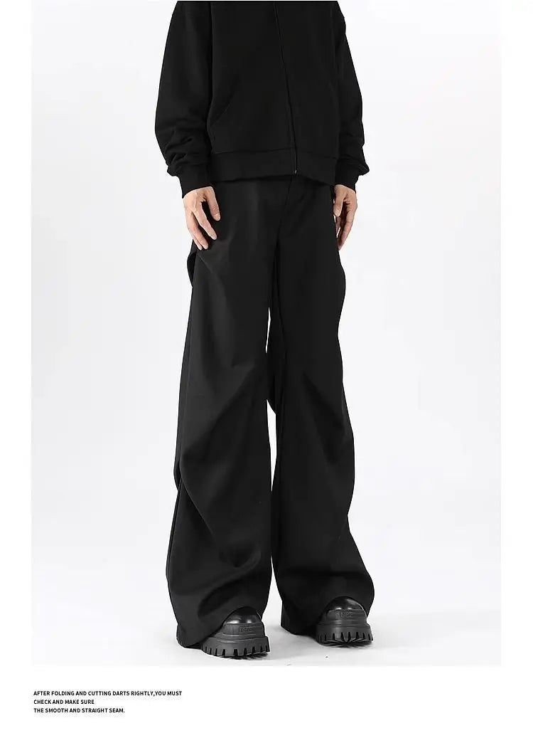 Riolio American High Street Pleated Pants Floor Mopping Micro Trumpet Black Trousers Luxury Sense Clean Fit Casual Curved Knife Pants