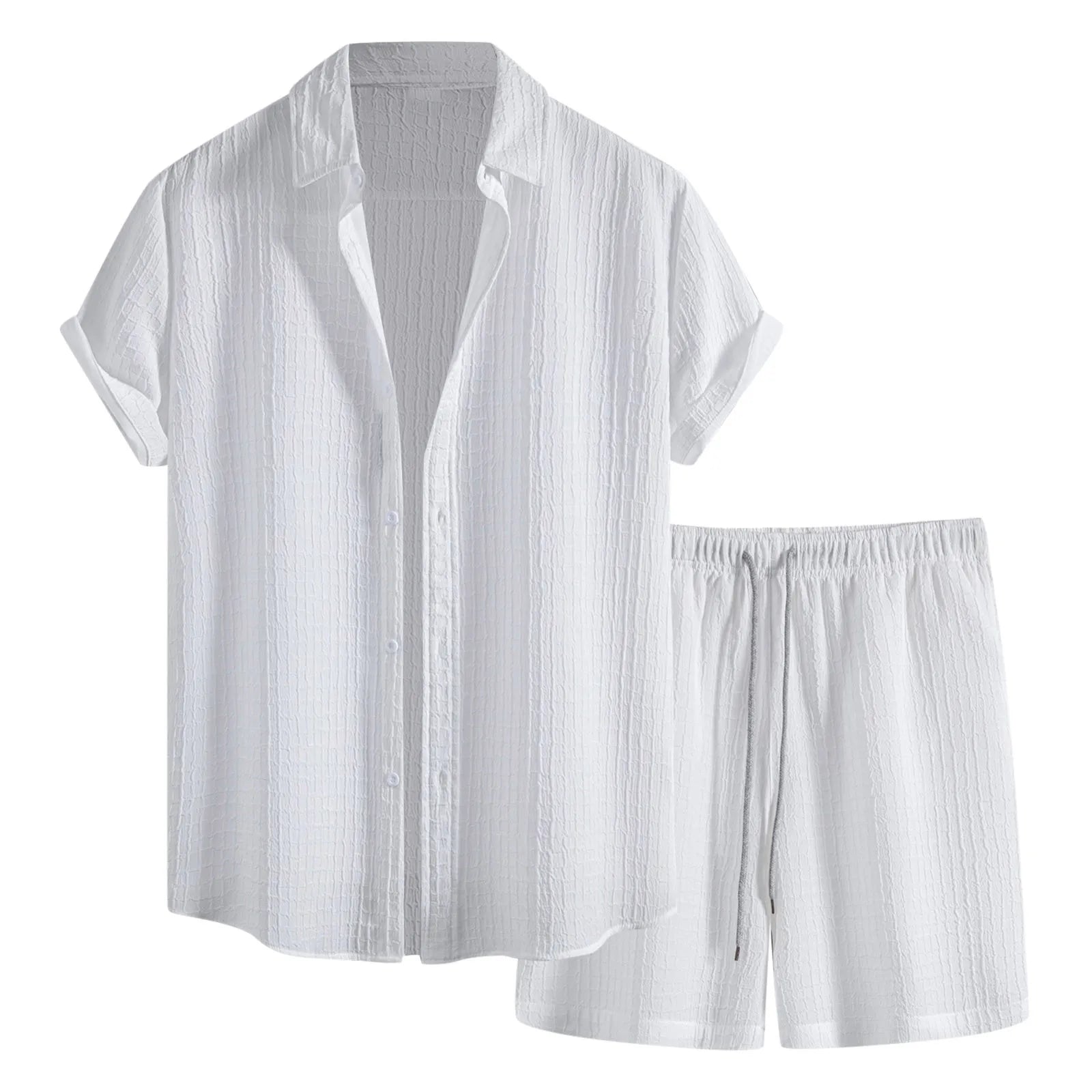 Riolio men summer outfits Mens Casual Waffle Shirt Suit Two Piece Solid Short Sleeved Shirt And Shorts Suit Harajuku Casual T-Shirt And Shorts Set