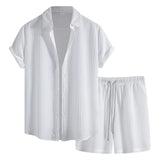 Riolio men summer outfits Mens Casual Waffle Shirt Suit Two Piece Solid Short Sleeved Shirt And Shorts Suit Harajuku Casual T-Shirt And Shorts Set