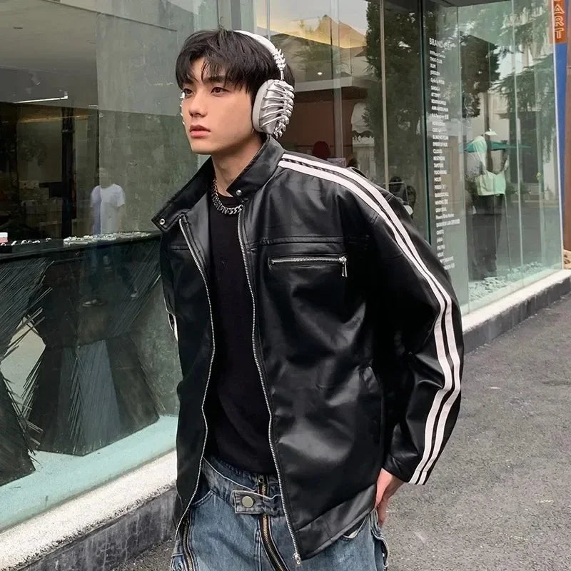 Riolio Retro Leather Jacket Men Women  American Patchwork Strip Racing Outerwear Loose Hip Hop Zippers Brown PU Coat Streetwear Spring