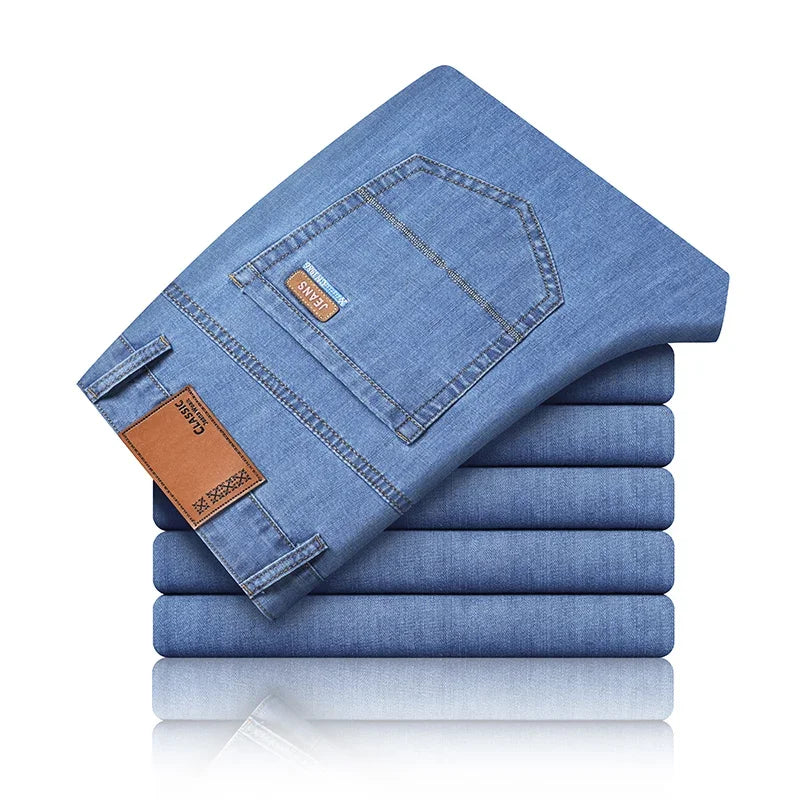 Riolio New Ice Silk Thin Denim Jeans For Men Blue Straight Stretch Cotton Pants Business Casual Lightweight Trousers Spring Summer