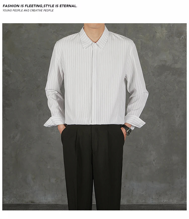 Riolio  New Naples Business Men Shirts Light Luxury Textured Lapel Striped Long Sleeve Cardigan Leisure Premium Commuter Blouse S-4XL