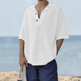Riolio Spring Summer Mens Leisure Polo Shirts Solid Color Short Sleeve Button Lapel Knitting Tops Men Clothes Casual Loose Polos