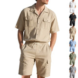 Riolio New Men's Suit Short Sleeve Shorts Two-Piece Set Summer Solid Color Multi-Pocket Workwear Style Sports Casual Loose Shirt Set
