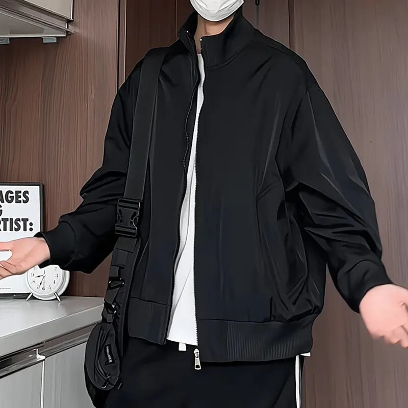 Riolio Black Mens Stand Collar Loose Fit Outdoor Spring Biker Jacket Casual Windbreaker Motorcycle Streetwear Trendy Daily Wear Coat