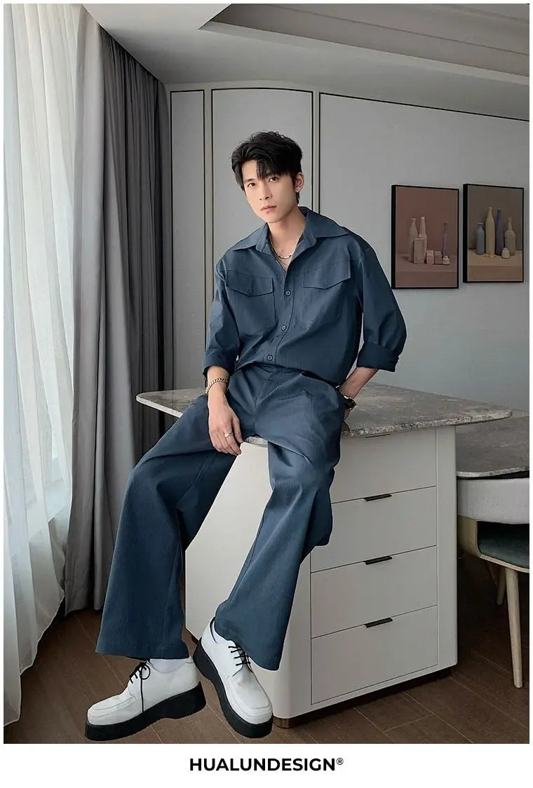 Riolio Men's Shirt Pants Set High-end Shirt Suit Trendy Spring Handsome Long-sleeved Top Loose Straight Trousers Two-piece Set
