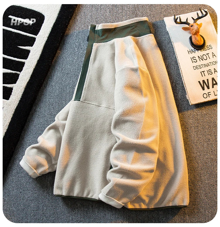 Riolio Korean Casual Heavy Half Zipper Sweatshirt Fleece Jacket Men Autumn Winter Warmth Thicken Men Aesthetic Academy Chic Streetwear