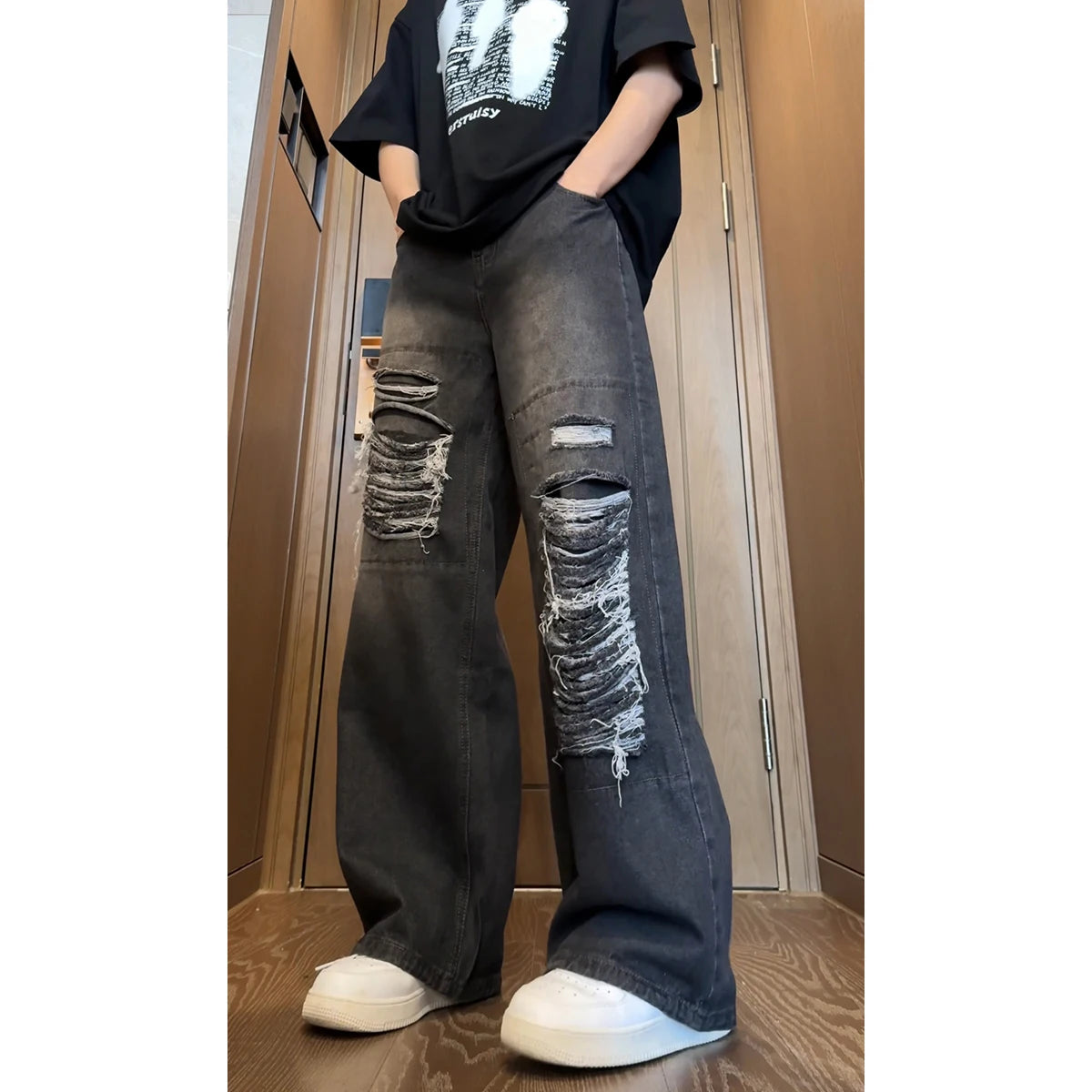 Riolio Beggar jeans men Vintage Streetwear Ripped Hole Jeans Men Women Harajuku Aesthetic Wide Leg Denim Trousers Unisex Straight Pants