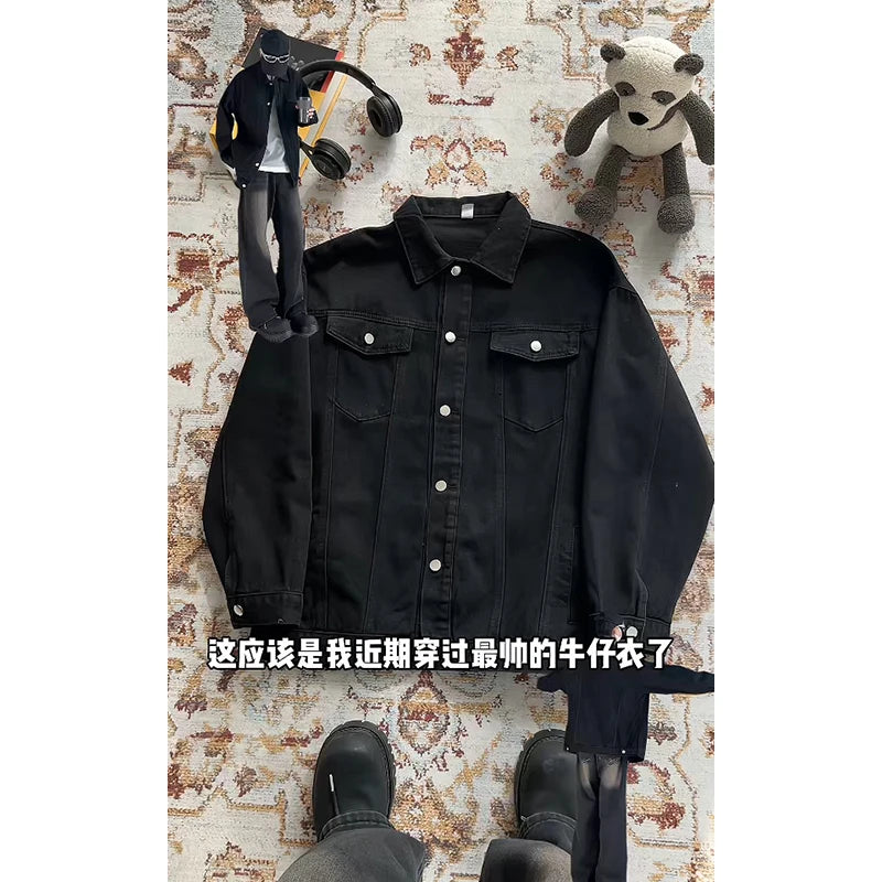 Riolio Spring Black Denim Jacket Men Fashion Retro Pocket Denim Jackets Men Streetwear Hip-hop Loose Bomber Jacket Mens Cowboy Coat