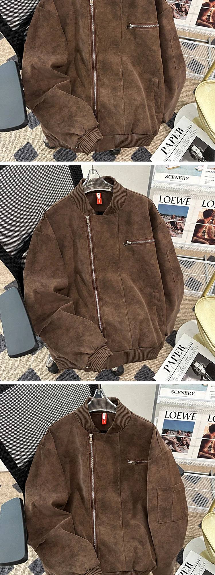 Riolio American Baseball Jacket Men's Autumn Winter Korean Style Trendy Loose Silhouette Work Jacket Handsome High-end Motorcycle Suit