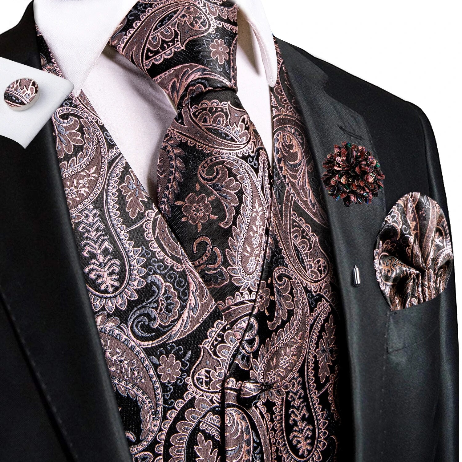 Riolio High Quality Silk Mens Vests Champagne Paisley Waistcoat Neck Tie Hanky Cufflinks Brooch Set for Men Suit Wedding Office