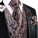 Riolio High Quality Silk Mens Vests Champagne Paisley Waistcoat Neck Tie Hanky Cufflinks Brooch Set for Men Suit Wedding Office