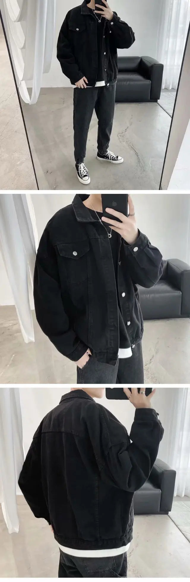 Riolio Black Denim Short Jacket Men Turn Down Collar Bomber Jacket Jeans Coats Casual Pockets Overalls Streetwear Man Clothing Outwear