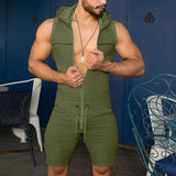 Riolio Men Short Jumpsuit Tight Sleeveless Bodysuit Zipper Hooded Rompers Short Pants Casual Home Wear Tracksuit Pajamas