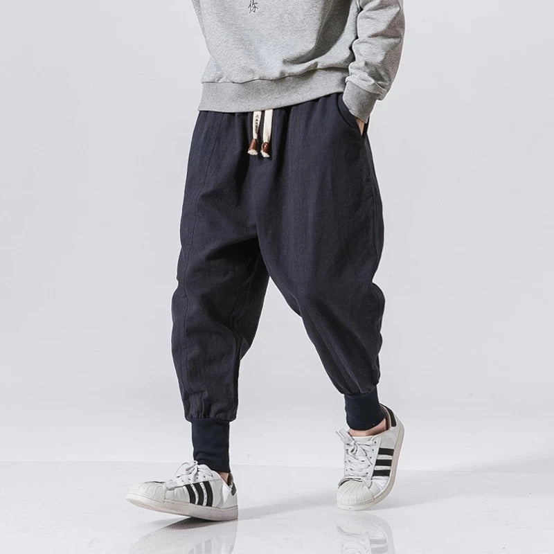 Riolio Cotton Linen Harem Pants Men Solid Elastic Waist Streetwear Joggers New Baggy Drop-crotch Pants Casual Trousers Men