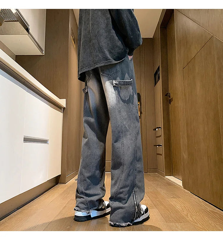 Riolio Men's jeans fashion Side Zipper Pants New Fashion men streetwear Jeans Loose Straight Denim Pant Mens  jeans homme hip hop