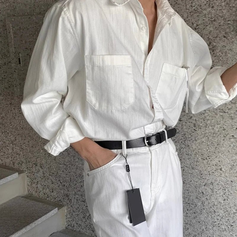 Riolio New Men Luxury Korean Style Shirts Casual Long Sleeve Drapped Solid Color Button-down Cardigan Fashion Business Leisure Blouse