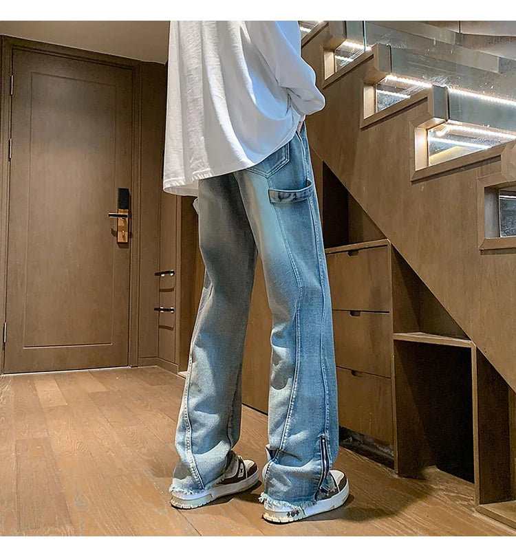 Riolio Men's jeans fashion Side Zipper Pants New Fashion men streetwear Jeans Loose Straight Denim Pant Mens  jeans homme hip hop