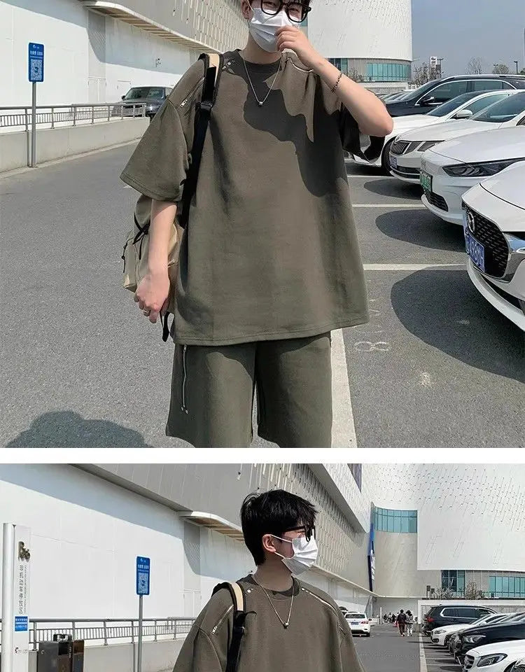 Riolio American Heavy Double Zipper Sports Suit Men's Summer Trendy Design Handsome Short-sleeved Shorts Casual Two-piece Set Urban