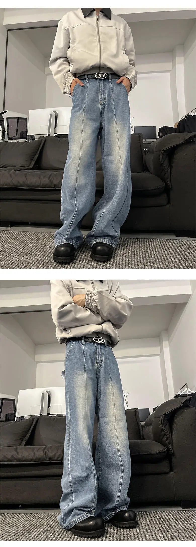 Riolio Jeans Men Loose Wide Leg Trousers Unisex low-rise jean Men's Denim Pants Old Blue Washed Male Jeans Straight Patchwork mop pants