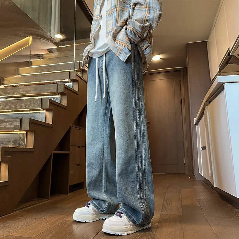 Riolio Jeans Men Denim Pants Elastic waist pull rope Straight Droop Vintage Loose Bottom Straight Wide Leg Casual Male Trouser