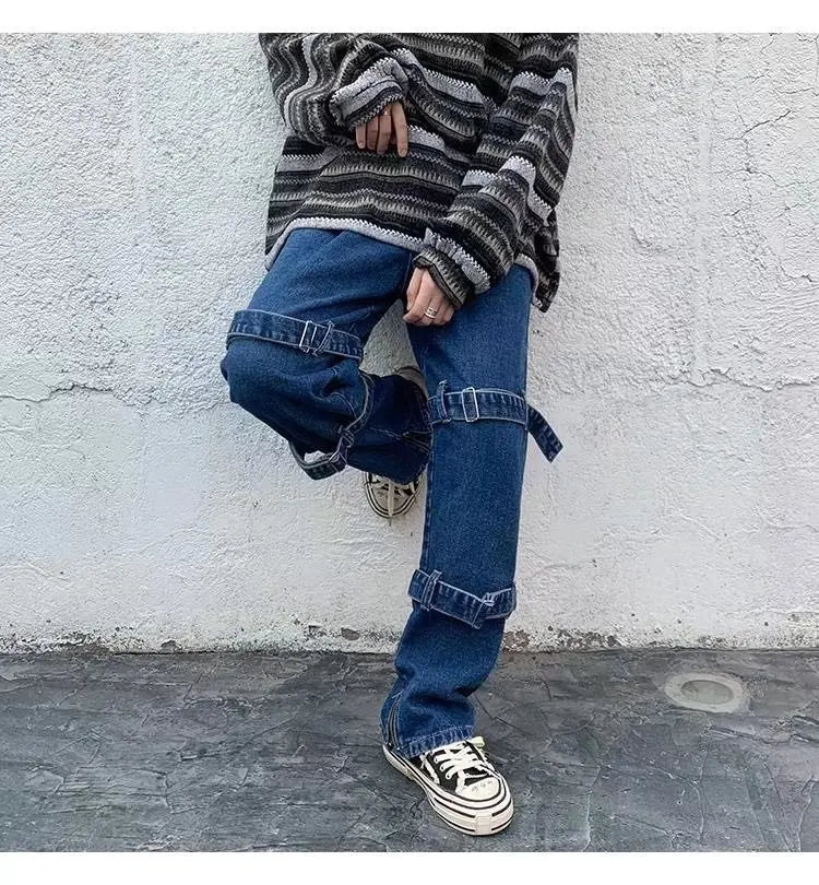 Riolio Hip Hop Jeans Men Fashion Pocket Blue/Black Baggy Jeans Mens Streetwear Loose Hip Hop Straight Cargo Denim Pants Mens Trousers