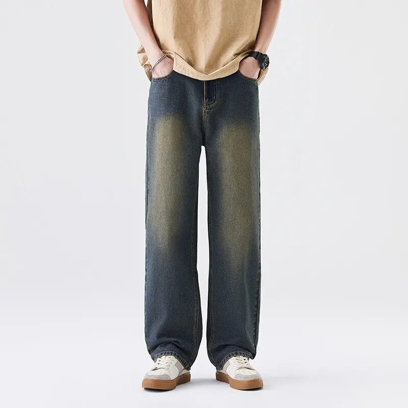 Riolio Blue Baggy Jeans Men Fashion Casual Retro Straight Jeans Men Streetwear Hip-hop Loose Vintage Jeans Mens Denim Trousers M-3XL