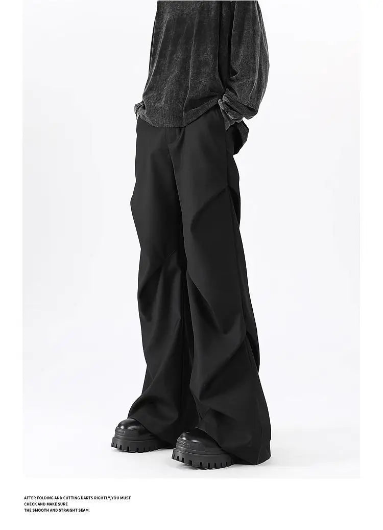 Riolio American High Street Pleated Pants Floor Mopping Micro Trumpet Black Trousers Luxury Sense Clean Fit Casual Curved Knife Pants