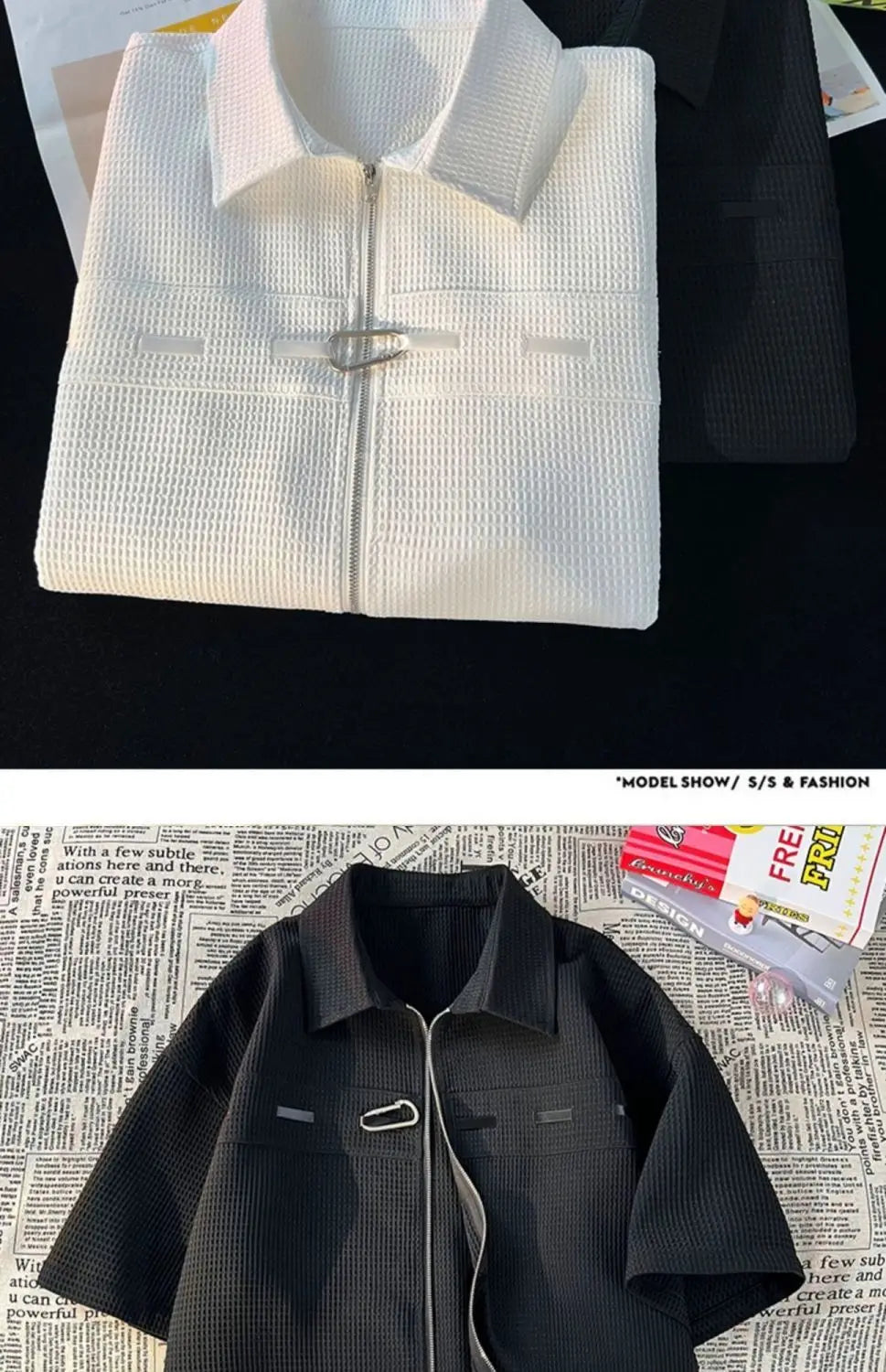 Riolio Niche Design Zipper Shirt Men's Short-sleeved Summer 2025 New Waffle High-end Casual Shirt Hip Hop Unisex Zipper Blouse