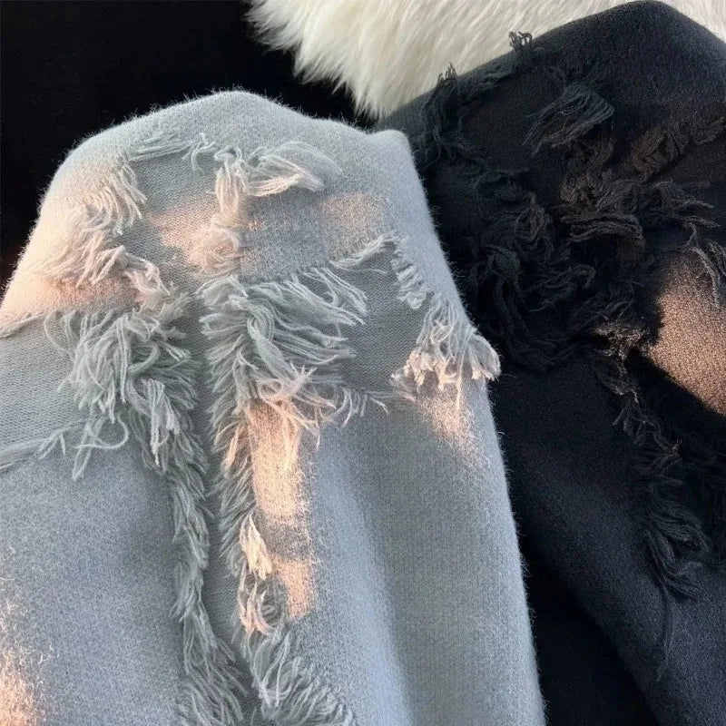 Riolio Y2k Streetwear Sweater Men New Retro Hole Fringed Sweater Loose Versatile Knitwear Pullovers Long Sleeve Jumpers Clothing