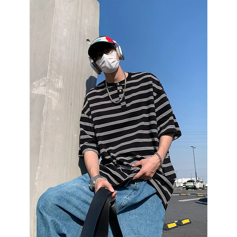 Riolio Men Cotton T Shirt Breathable Comfort Round Neck Button Striped Summer Casual Soft Lightweight Streetwear Fashion Cotton Tee Top