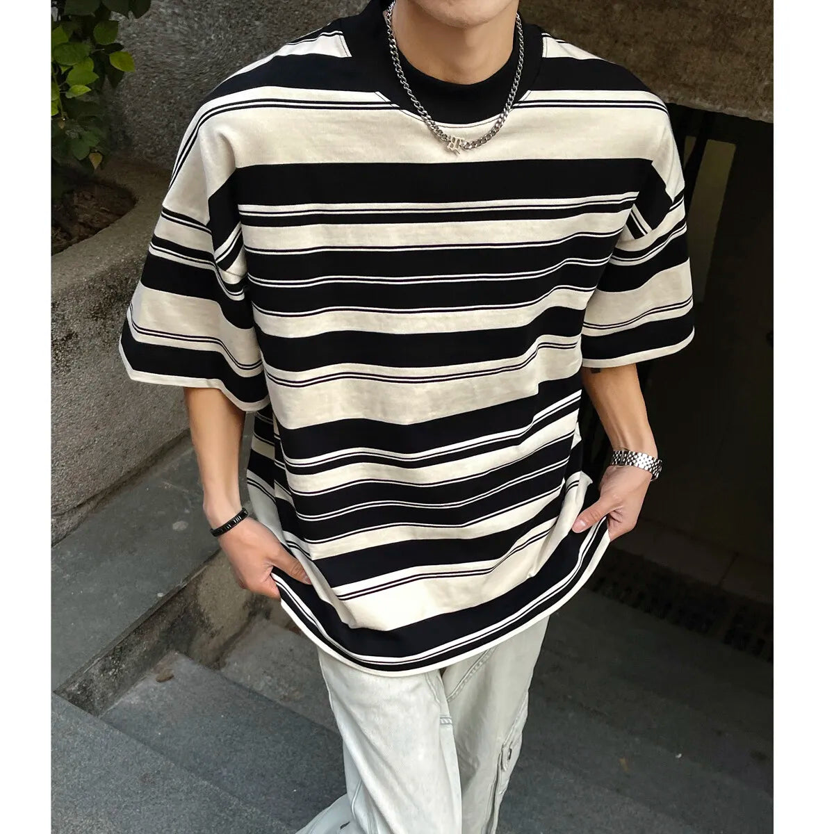 Riolio Men Black White Stripe Tshirt Man Loose Fit O Neck Casual Streetwear Fashion Soft Cotton Relaxed Summer Tee Shirt Striped Top
