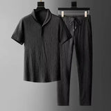 Riolio Summer Ultra-thin Five-piece Ice Silk Linen Suit Men's Cotton Linen 2-piece Set Loose-fit Mid-sleeve T-shirt Sports Wear