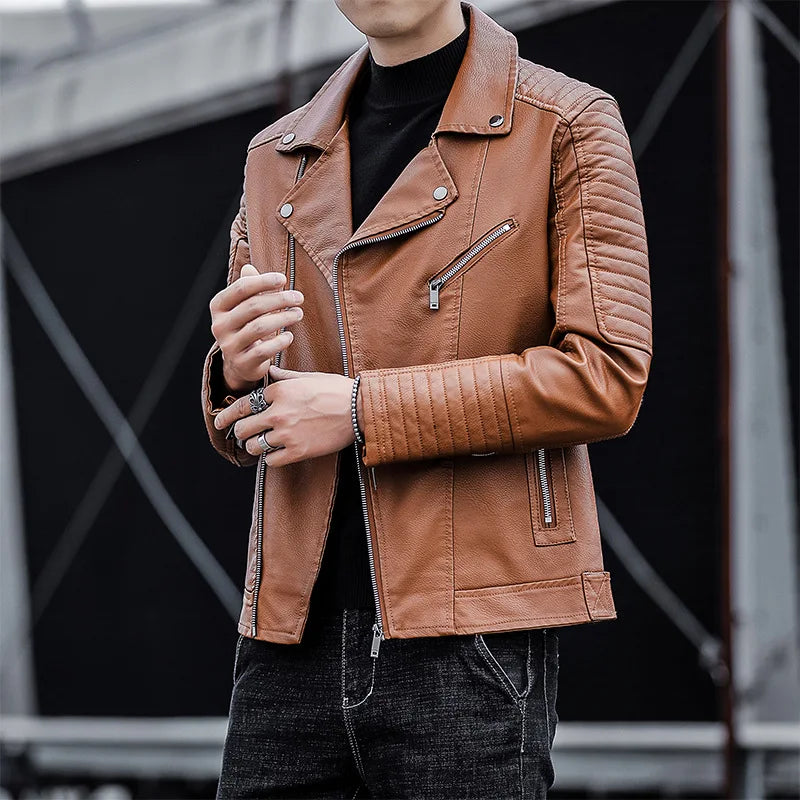 Riolio Leather Jacket Autumn New Flip Collar Slim Fit Casual Style Jackets Men's Motorcycle Outerwear Youth Fashion PU Leather Coat