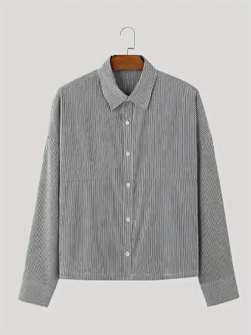 Riolio  New Japanese Trendy Men Shirts Light Luxury Textured Lapel Striped Long Sleeve Cardigan Tops Leisure Premium Loose Blouse M-2XL