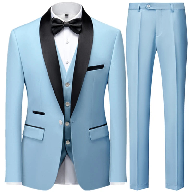 Riolio 3 Pieces Set Men's Business Blazers Coat / Male Slim Fit Color Matching Collar Suit Tuxedo Leisure Jacket Pants Vest Wedding