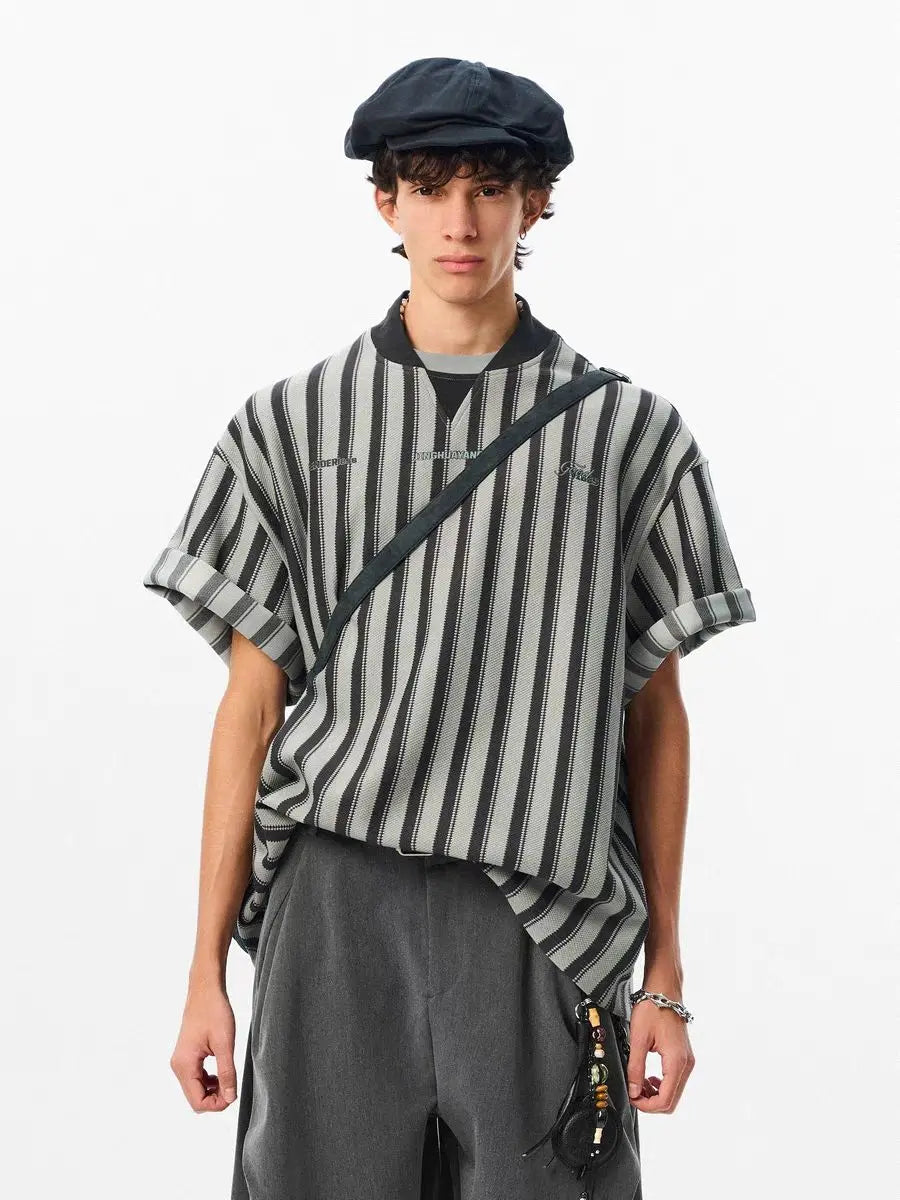 Riolio Preppy Retro Shirt Double-paired V-neck Striped Short-sleeved T-shirt Loose Casual Embroidered Letter Printed Shirt