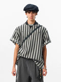 Riolio Preppy Retro Shirt Double-paired V-neck Striped Short-sleeved T-shirt Loose Casual Embroidered Letter Printed Shirt