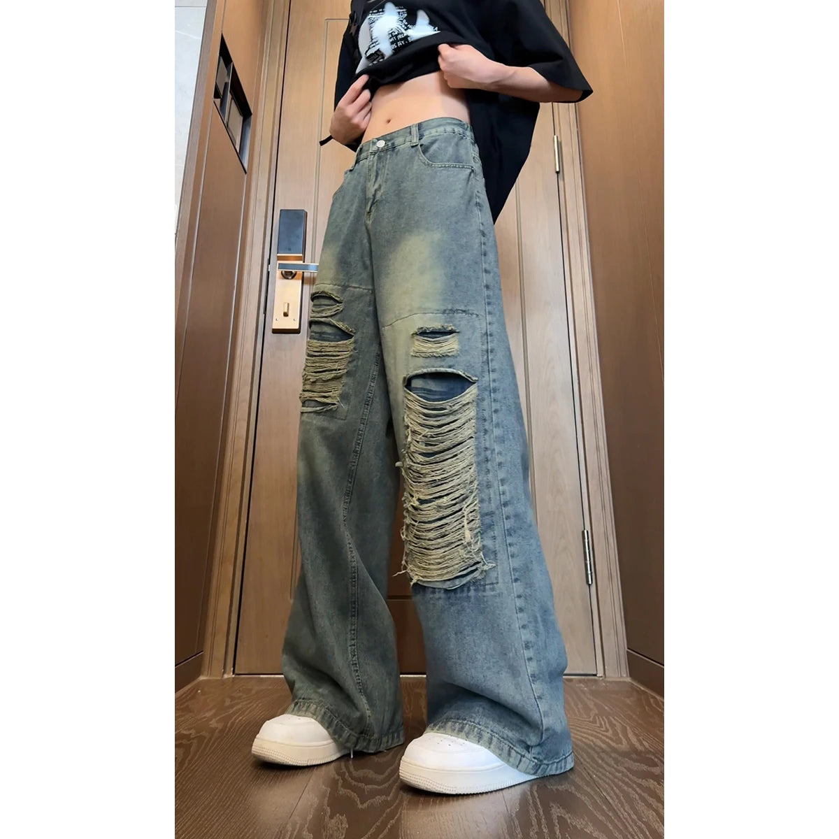 Riolio Beggar jeans men Vintage Streetwear Ripped Hole Jeans Men Women Harajuku Aesthetic Wide Leg Denim Trousers Unisex Straight Pants