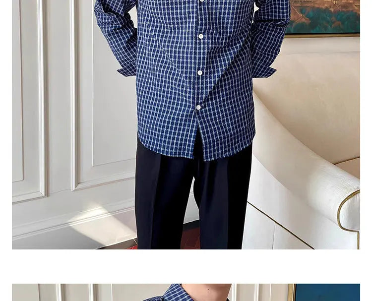 Riolio  New American Retro Men Shirts Light Luxury Textured Lapel Plaid Long Sleeve Cardigan Leisure Trendy Premium Check Blouse M-2XL