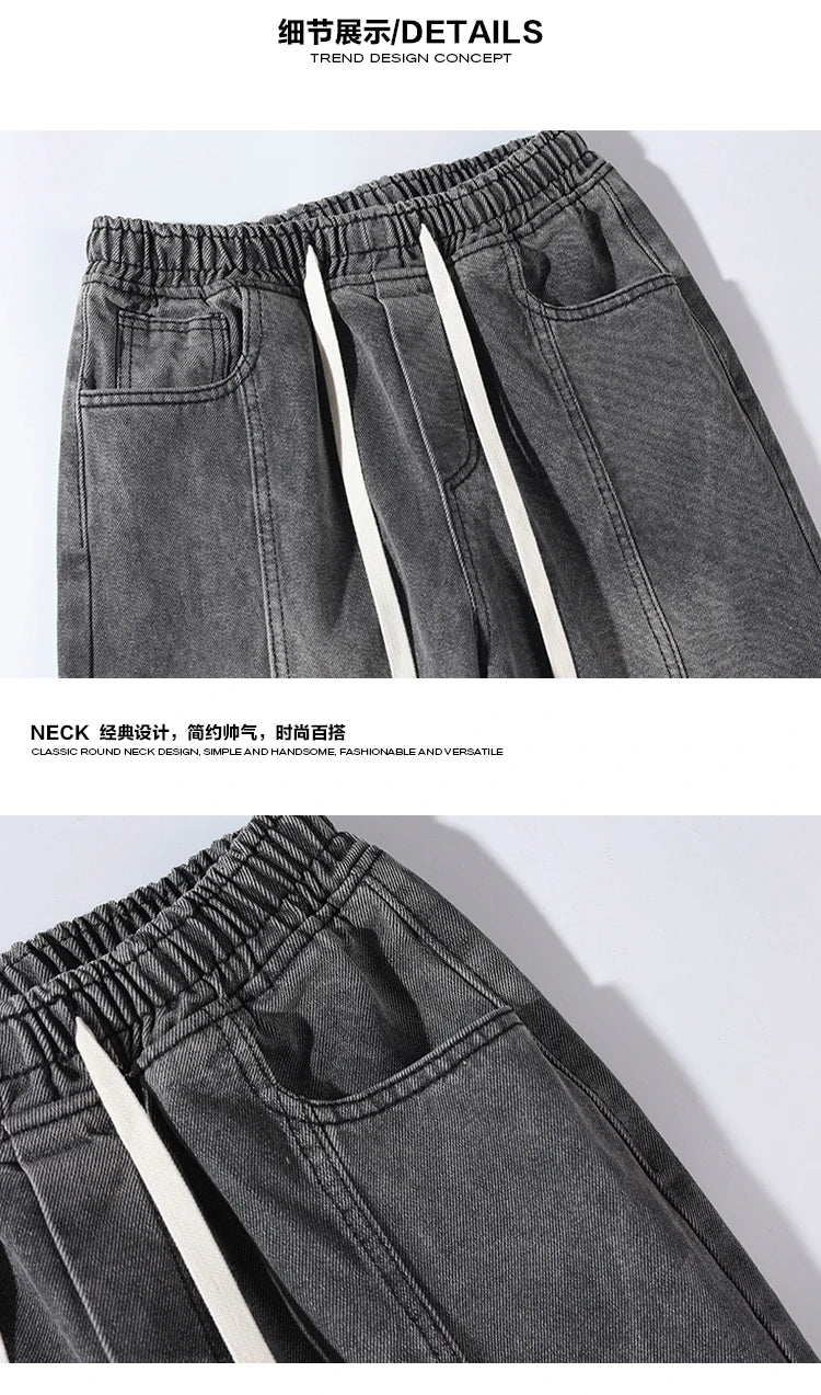 Riolio Jeans men Elastic waist Streetwear Fashion Jeans Black Spring New Men Women Wide Leg Straight Denim Trousers Plus Size 5XL-M
